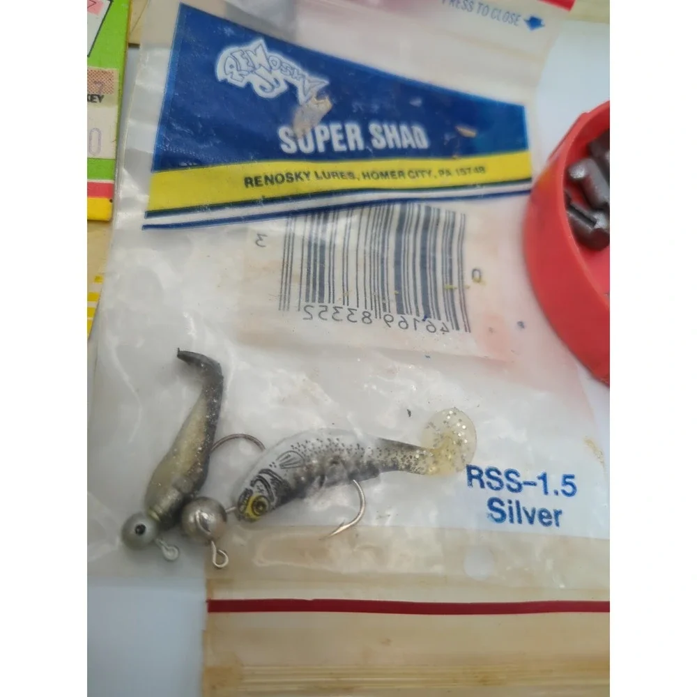 72+ pc Vtg Fishing Lot Lures Popfly Jig Shad Hooks Sinkers Monofilament Net Bobs